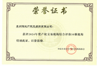 喜訊！貴州陽光產(chǎn)權(quán)交易所獲得2024年度全國產(chǎn)權(quán)交易機(jī)構(gòu)2項(xiàng)30強(qiáng)榮譽(yù)